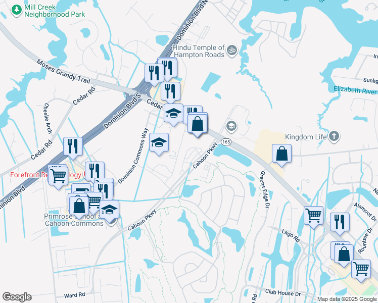 map of restaurants, bars, coffee shops, grocery stores, and more near 465 Abelia Way in Chesapeake