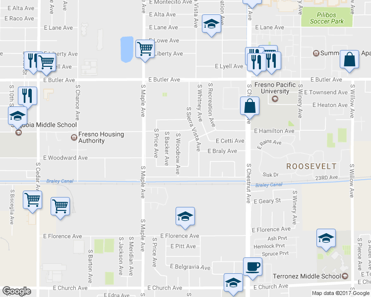 map of restaurants, bars, coffee shops, grocery stores, and more near 1920 South Baird Court in Fresno