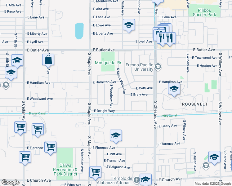 map of restaurants, bars, coffee shops, grocery stores, and more near 1920 South Baird Court in Fresno