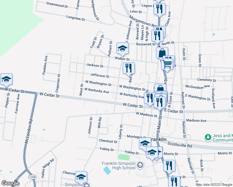 map of restaurants, bars, coffee shops, grocery stores, and more near 199 John J Johnson Avenue in Franklin