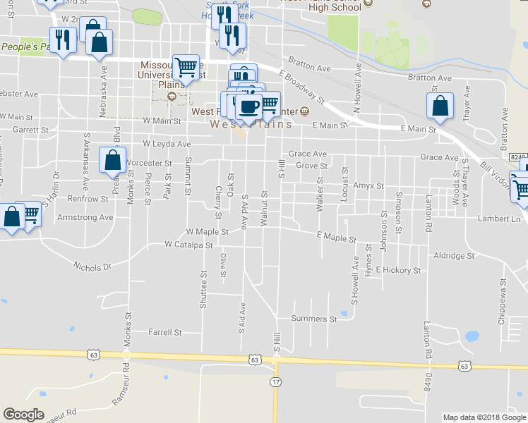 map of restaurants, bars, coffee shops, grocery stores, and more near 500 Walnut Street in West Plains