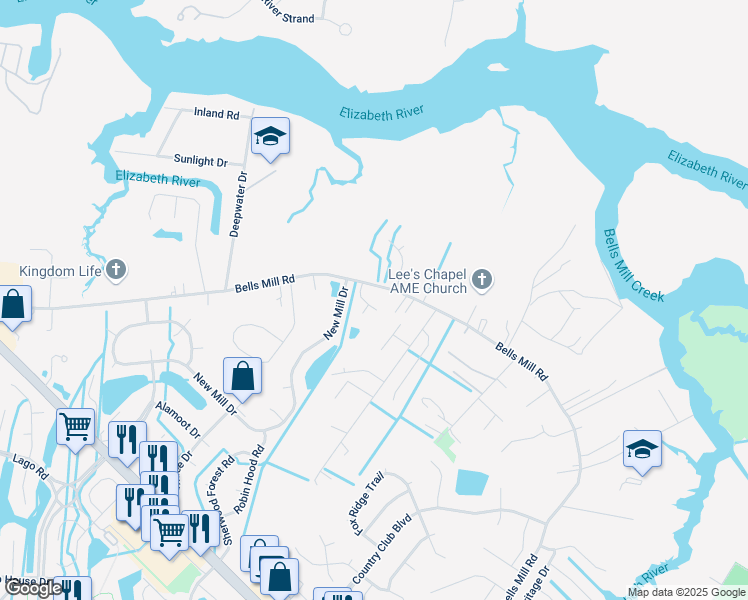 map of restaurants, bars, coffee shops, grocery stores, and more near 1116 Bells Mill Road in Chesapeake