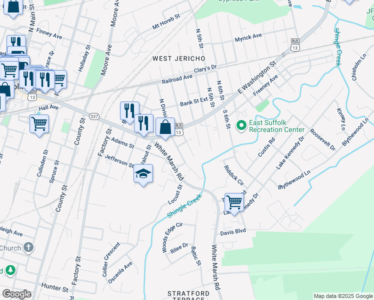map of restaurants, bars, coffee shops, grocery stores, and more near 205 South Lloyd Street in Suffolk