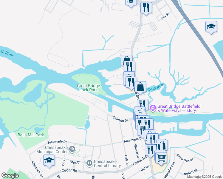 map of restaurants, bars, coffee shops, grocery stores, and more near 6 Harbor Watch Drive in Chesapeake