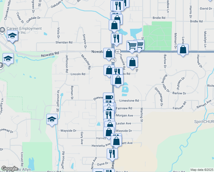 map of restaurants, bars, coffee shops, grocery stores, and more near 1901 Southeast Washington Boulevard in Bartlesville