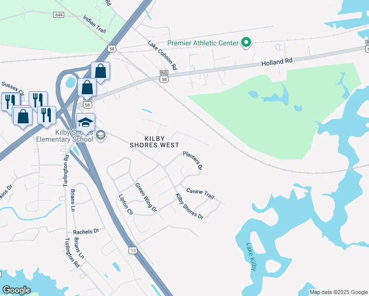 map of restaurants, bars, coffee shops, grocery stores, and more near 1414 Planters Drive in Suffolk