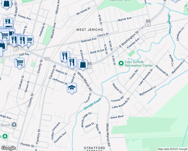 map of restaurants, bars, coffee shops, grocery stores, and more near 205 South Lloyd Street in Suffolk