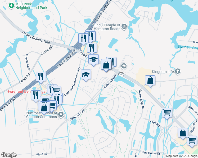 map of restaurants, bars, coffee shops, grocery stores, and more near 472 Abelia Way in Chesapeake