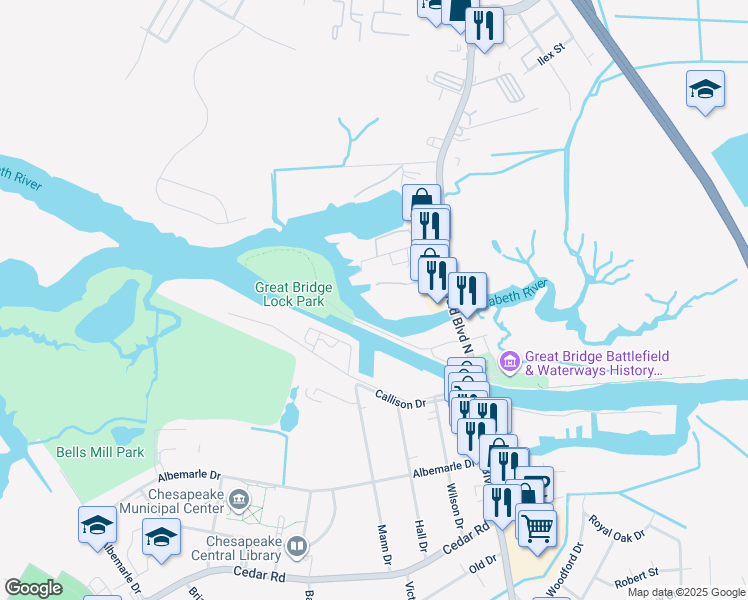 map of restaurants, bars, coffee shops, grocery stores, and more near 143 Tilden Avenue in Chesapeake