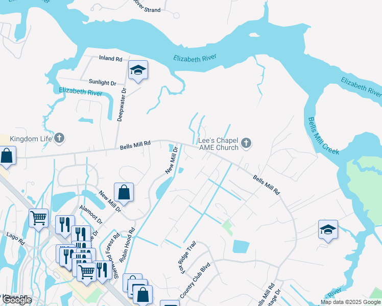 map of restaurants, bars, coffee shops, grocery stores, and more near 1116 Bells Mill Road in Chesapeake