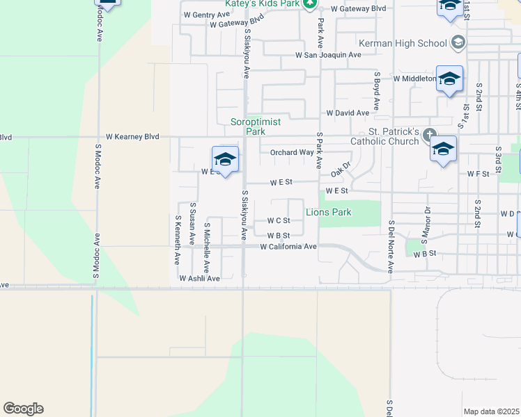 map of restaurants, bars, coffee shops, grocery stores, and more near 721 South Lum Avenue in Kerman