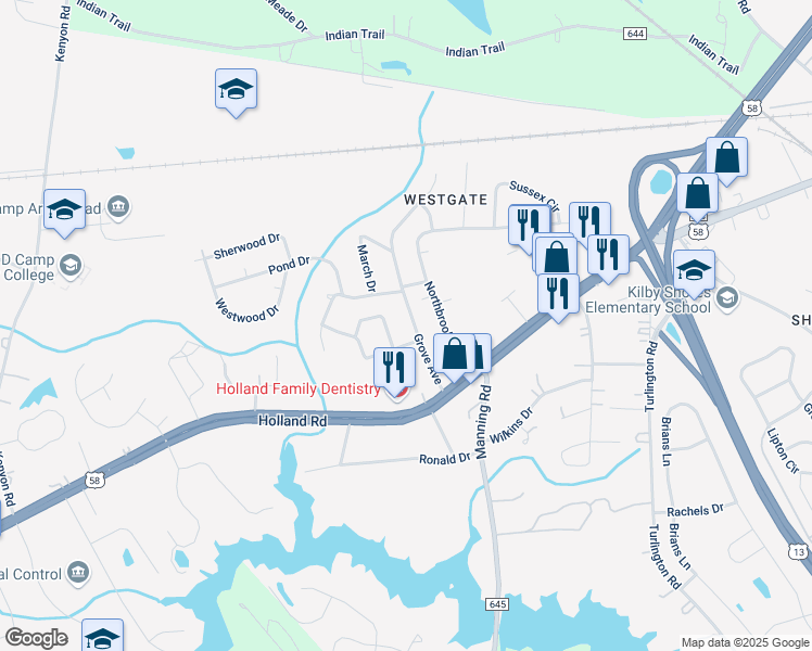 map of restaurants, bars, coffee shops, grocery stores, and more near 124 Deborah Drive in Suffolk