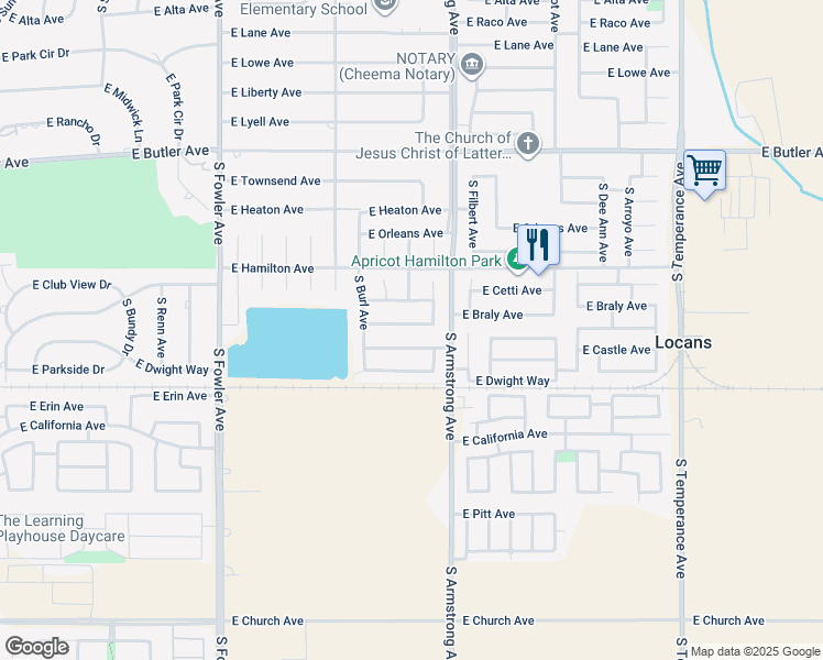 map of restaurants, bars, coffee shops, grocery stores, and more near 6413 East Braly Avenue in Fresno