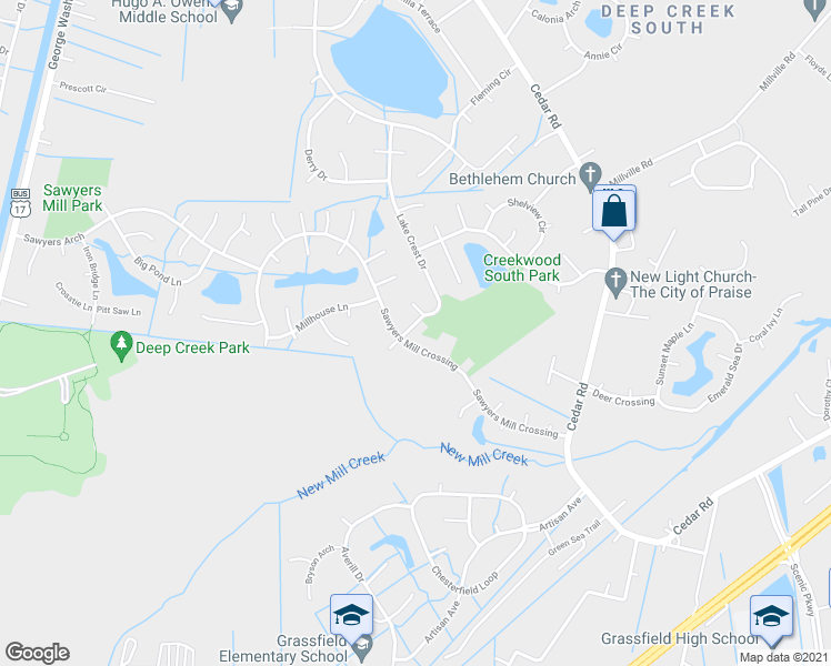 map of restaurants, bars, coffee shops, grocery stores, and more near 535 Lake Crest Drive in Chesapeake