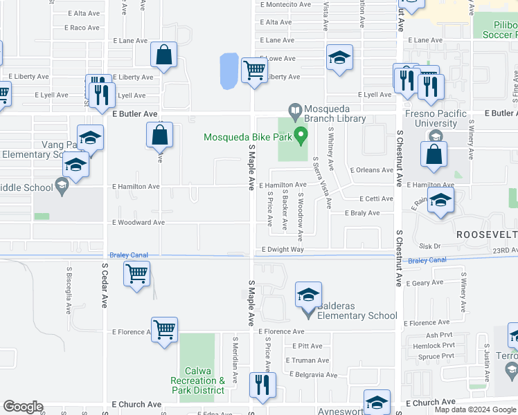 map of restaurants, bars, coffee shops, grocery stores, and more near 1917 South Maple Avenue in Fresno