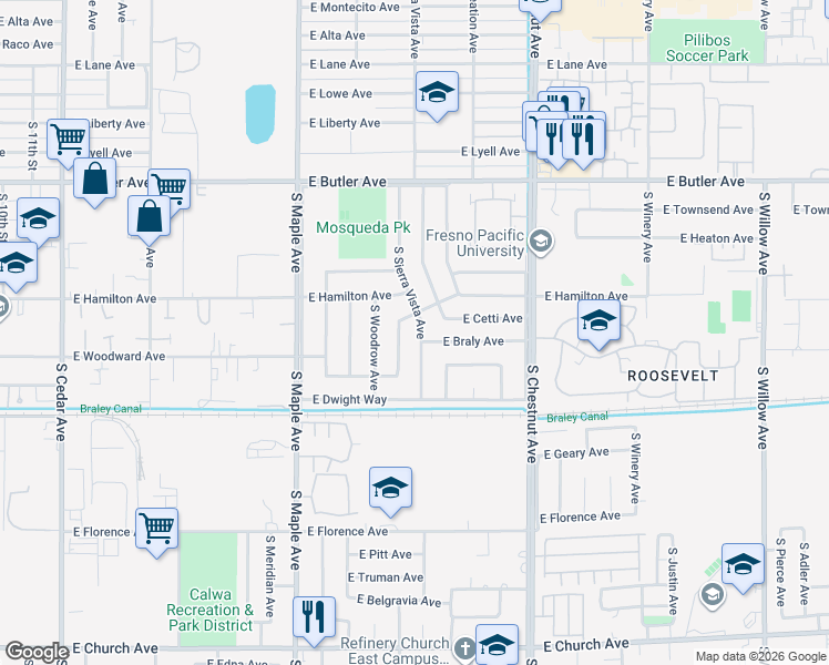 map of restaurants, bars, coffee shops, grocery stores, and more near 1909 South Sierra Vista Avenue in Fresno