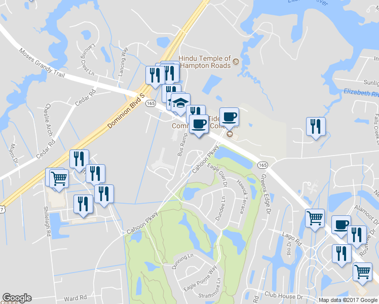 map of restaurants, bars, coffee shops, grocery stores, and more near 465 Abelia Way in Chesapeake