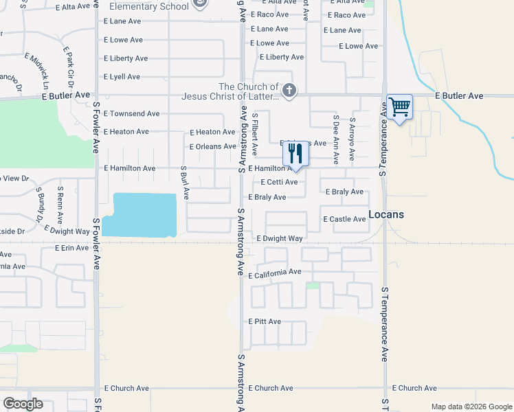 map of restaurants, bars, coffee shops, grocery stores, and more near 6568 East Braly Avenue in Fresno