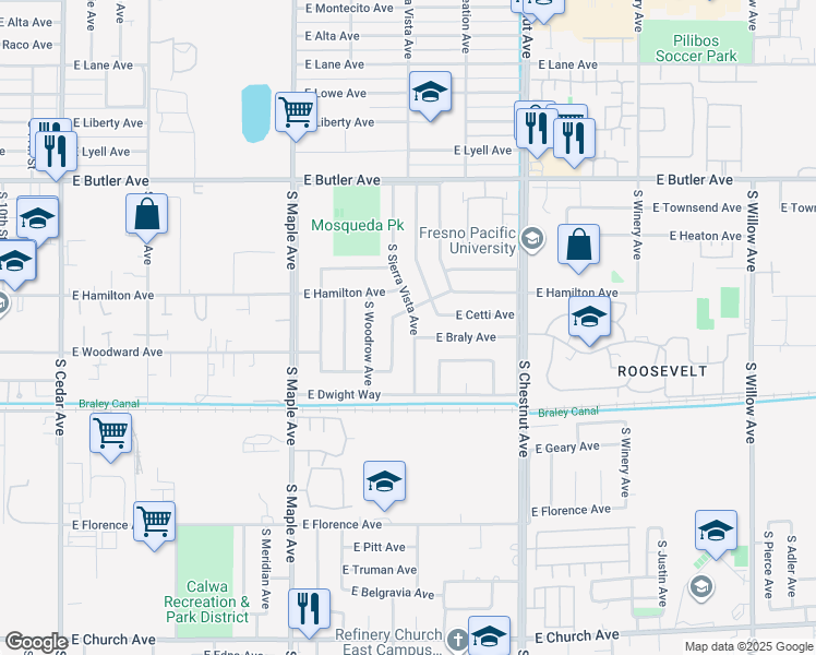 map of restaurants, bars, coffee shops, grocery stores, and more near 1909 South Sierra Vista Avenue in Fresno