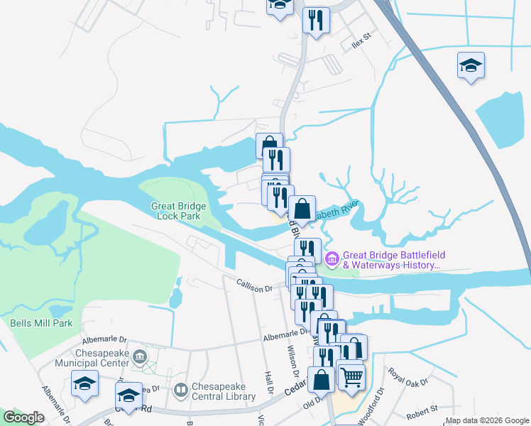 map of restaurants, bars, coffee shops, grocery stores, and more near 200 North Battlefield Boulevard in Chesapeake