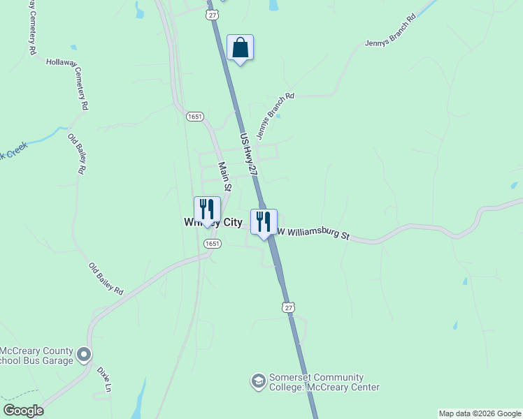 map of restaurants, bars, coffee shops, grocery stores, and more near U.S. 27 in Whitley City