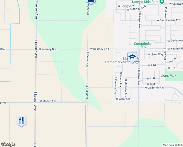 map of restaurants, bars, coffee shops, grocery stores, and more near 16477 West Kearney Boulevard in Kerman