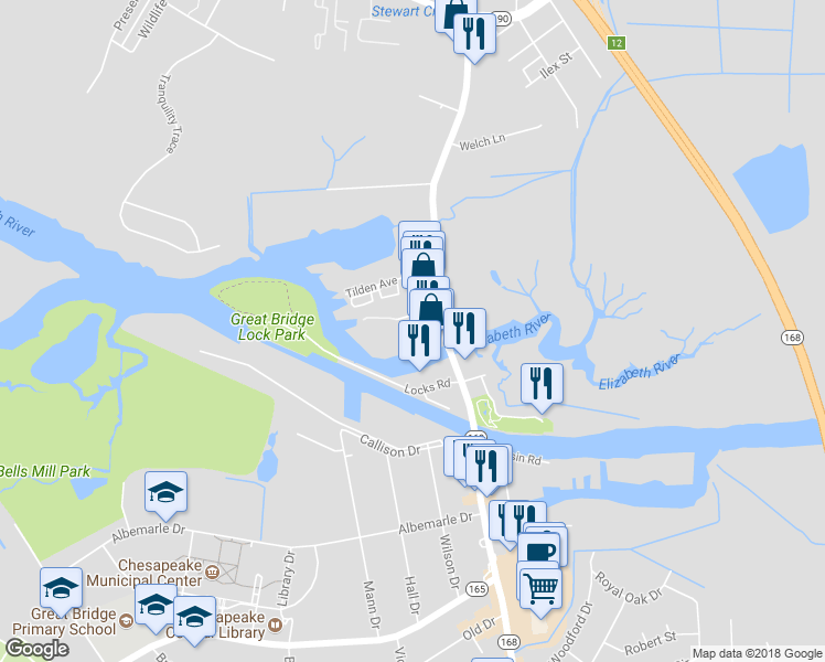 map of restaurants, bars, coffee shops, grocery stores, and more near 104 Harbor Watch Drive in Chesapeake