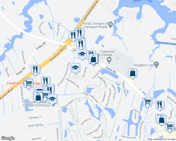map of restaurants, bars, coffee shops, grocery stores, and more near 468 Abelia Way in Chesapeake