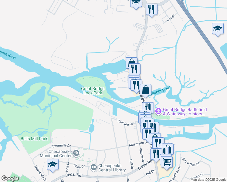 map of restaurants, bars, coffee shops, grocery stores, and more near 143 Tilden Avenue in Chesapeake