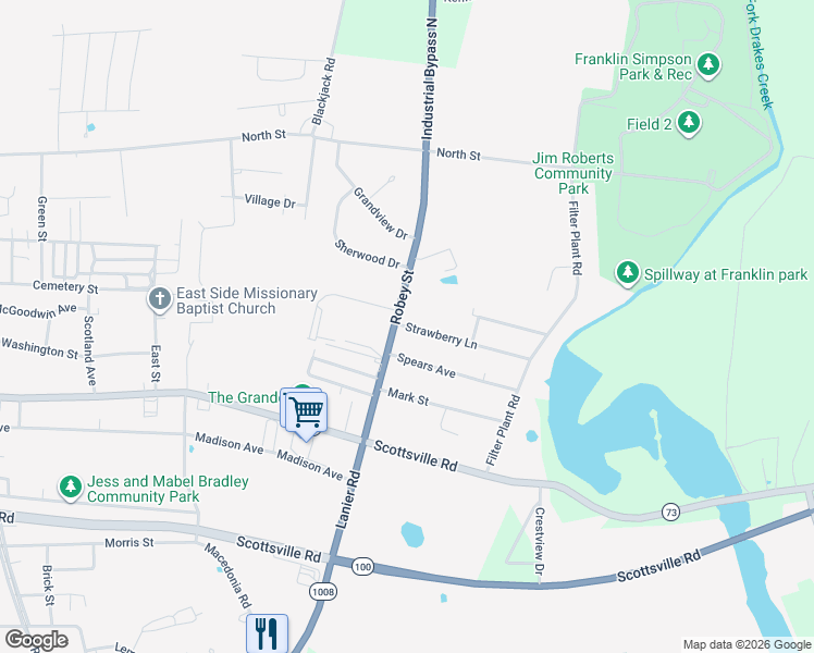 map of restaurants, bars, coffee shops, grocery stores, and more near 834 Strawberry Lane in Franklin