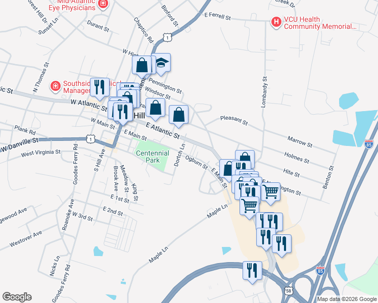 map of restaurants, bars, coffee shops, grocery stores, and more near 416 East Atlantic Street in South Hill