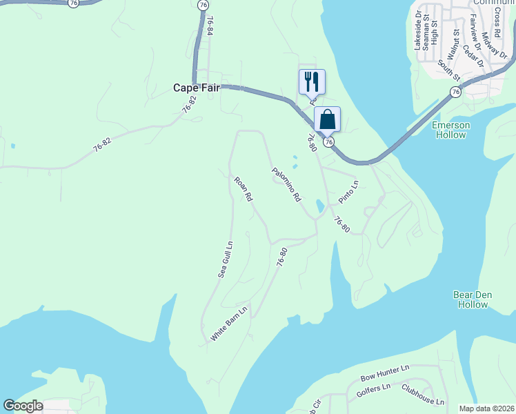 map of restaurants, bars, coffee shops, grocery stores, and more near 252 Roan Road in Cape Fair