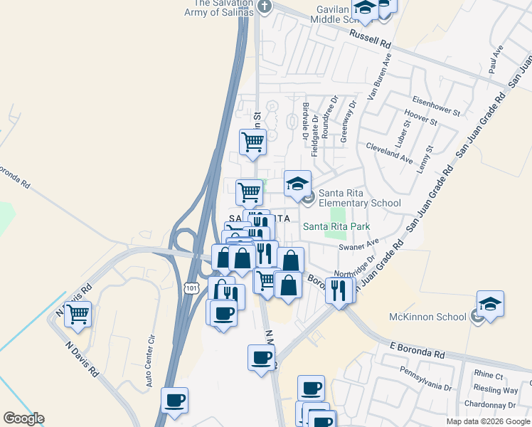 map of restaurants, bars, coffee shops, grocery stores, and more near in Salinas