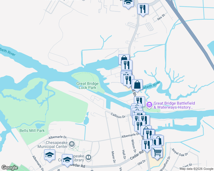 map of restaurants, bars, coffee shops, grocery stores, and more near 143 Tilden Avenue in Chesapeake