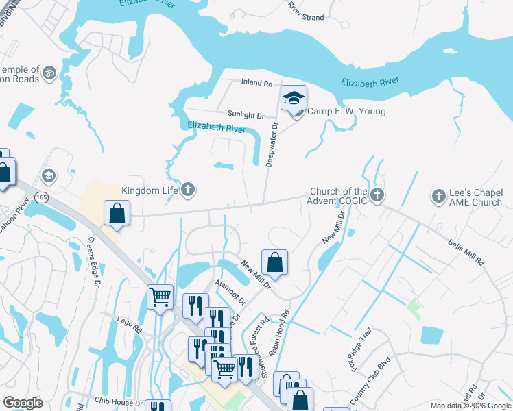 map of restaurants, bars, coffee shops, grocery stores, and more near 248 Deepwater Drive in Chesapeake
