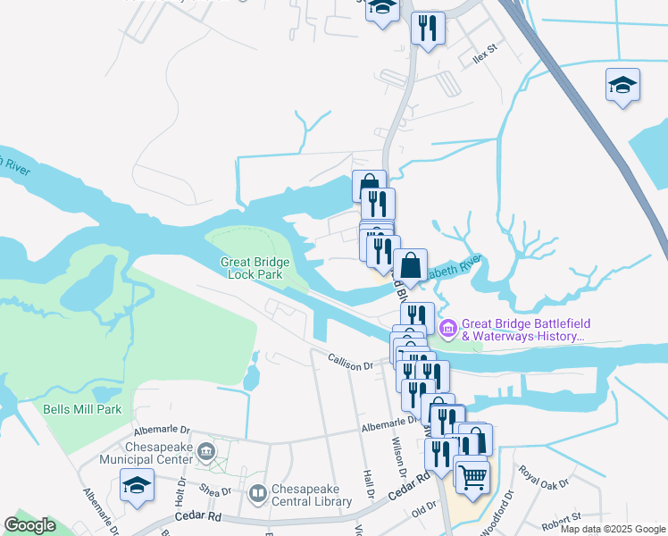 map of restaurants, bars, coffee shops, grocery stores, and more near 4 Harbor Watch Drive in Chesapeake