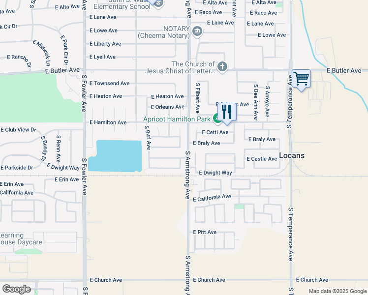 map of restaurants, bars, coffee shops, grocery stores, and more near 855 South Filbert Avenue in Fresno