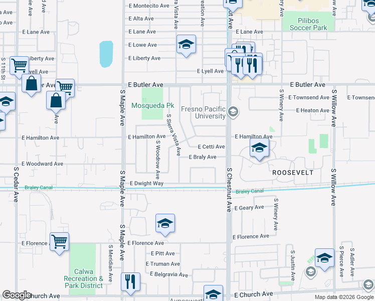 map of restaurants, bars, coffee shops, grocery stores, and more near 1838 South Whitney Avenue in Fresno