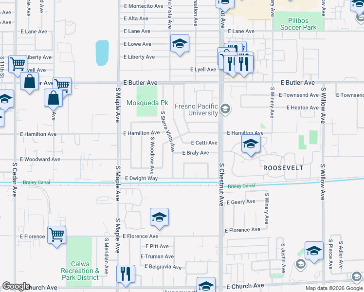 map of restaurants, bars, coffee shops, grocery stores, and more near 1838 South Whitney Avenue in Fresno