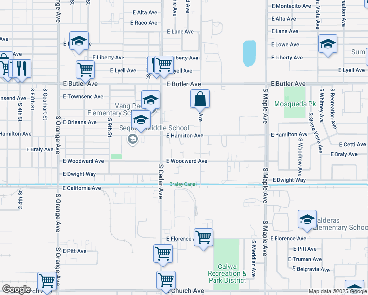 map of restaurants, bars, coffee shops, grocery stores, and more near 4318 East Hamilton Avenue in Fresno