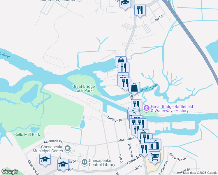map of restaurants, bars, coffee shops, grocery stores, and more near 3 Harbor Watch Drive in Chesapeake