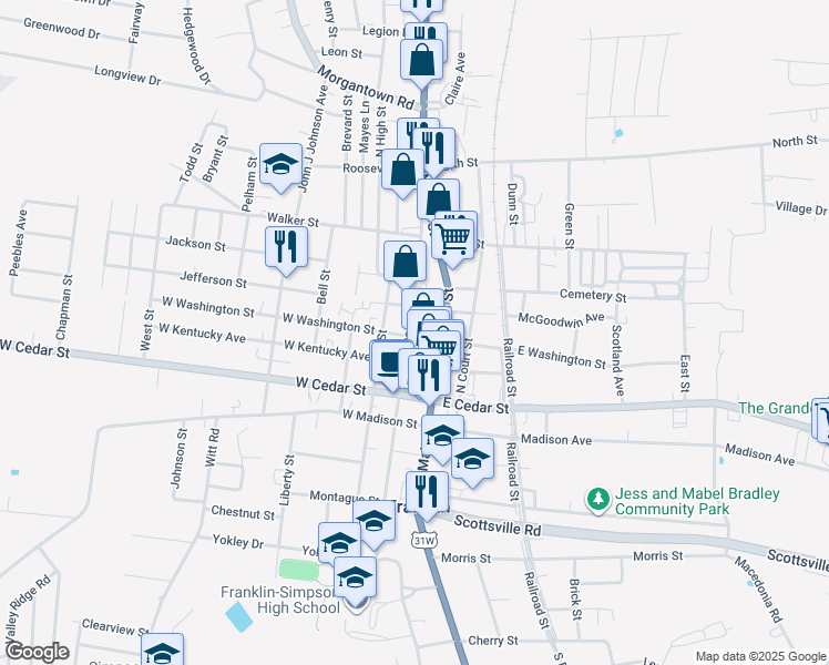map of restaurants, bars, coffee shops, grocery stores, and more near 300-398 North College Street in Franklin