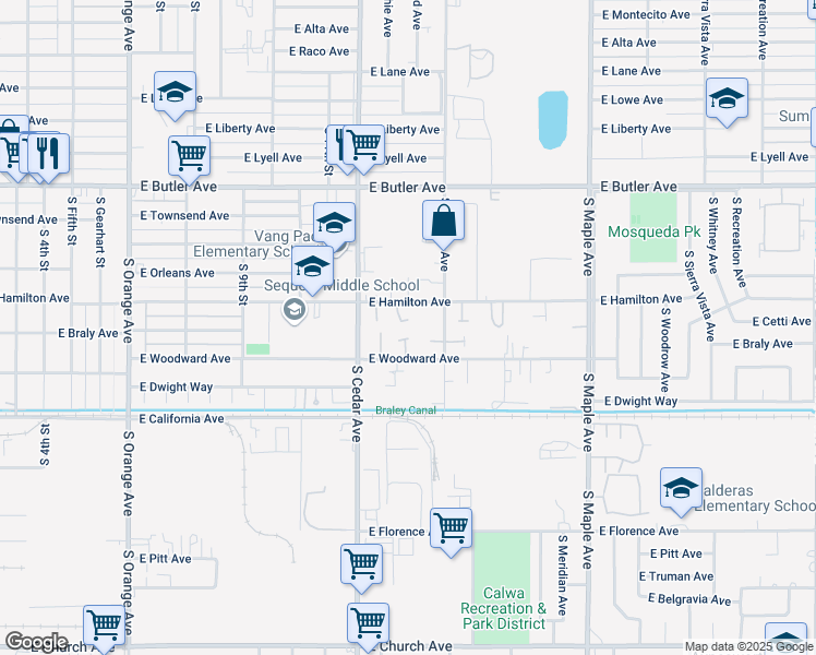 map of restaurants, bars, coffee shops, grocery stores, and more near 4318 East Hamilton Avenue in Fresno