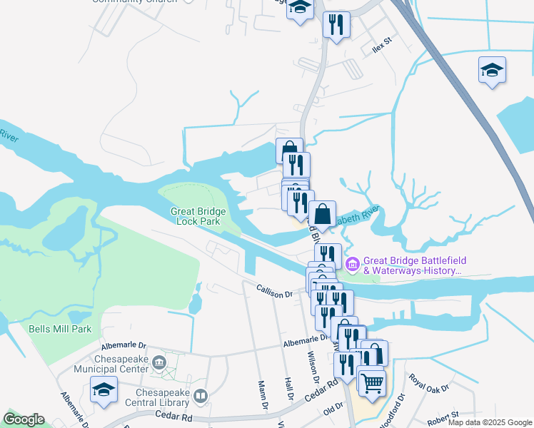 map of restaurants, bars, coffee shops, grocery stores, and more near 3 Harbor Watch Drive in Chesapeake