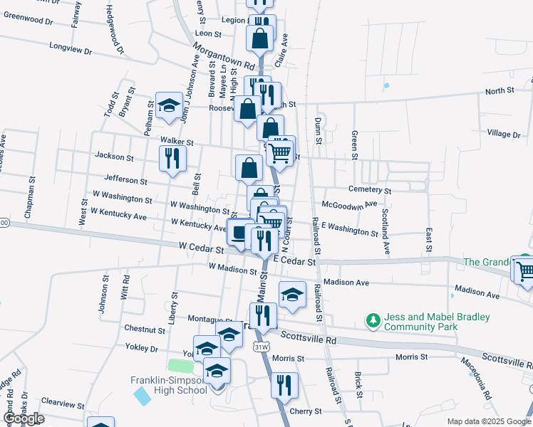 map of restaurants, bars, coffee shops, grocery stores, and more near 300-398 North College Street in Franklin