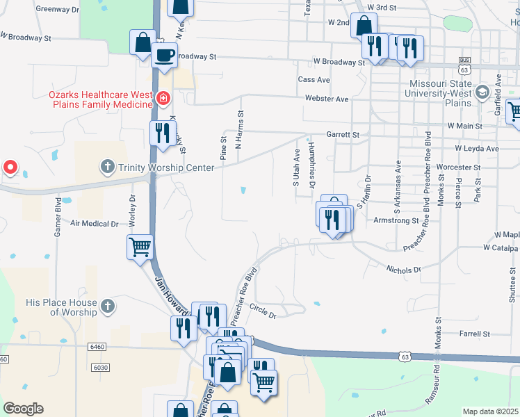 map of restaurants, bars, coffee shops, grocery stores, and more near in West Plains