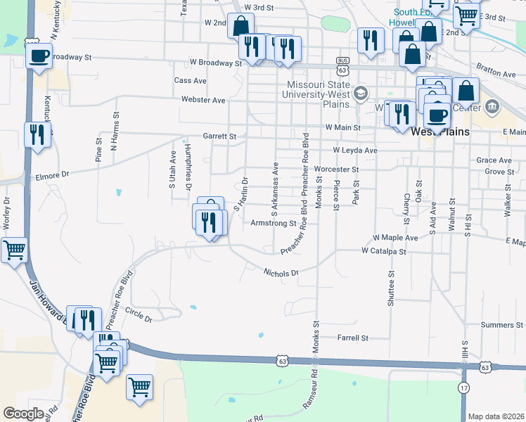 map of restaurants, bars, coffee shops, grocery stores, and more near 1011 Renfrow Street in West Plains