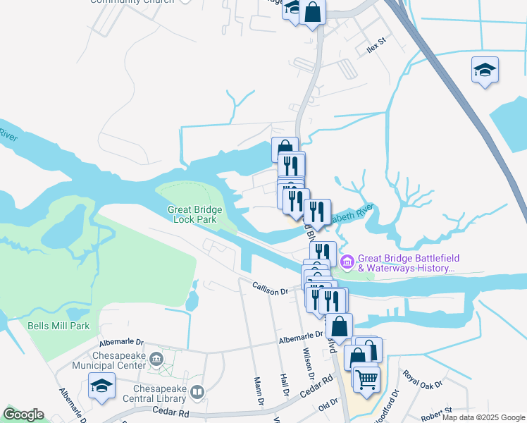 map of restaurants, bars, coffee shops, grocery stores, and more near 3 Harbor Watch Drive in Chesapeake