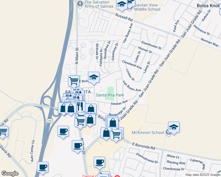 map of restaurants, bars, coffee shops, grocery stores, and more near 290 East Bolivar Street in Salinas