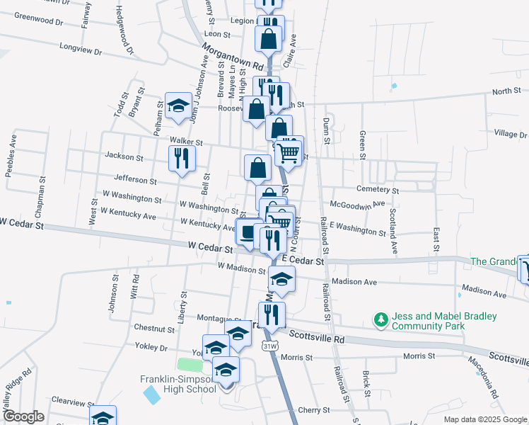 map of restaurants, bars, coffee shops, grocery stores, and more near 300 North College Street in Franklin